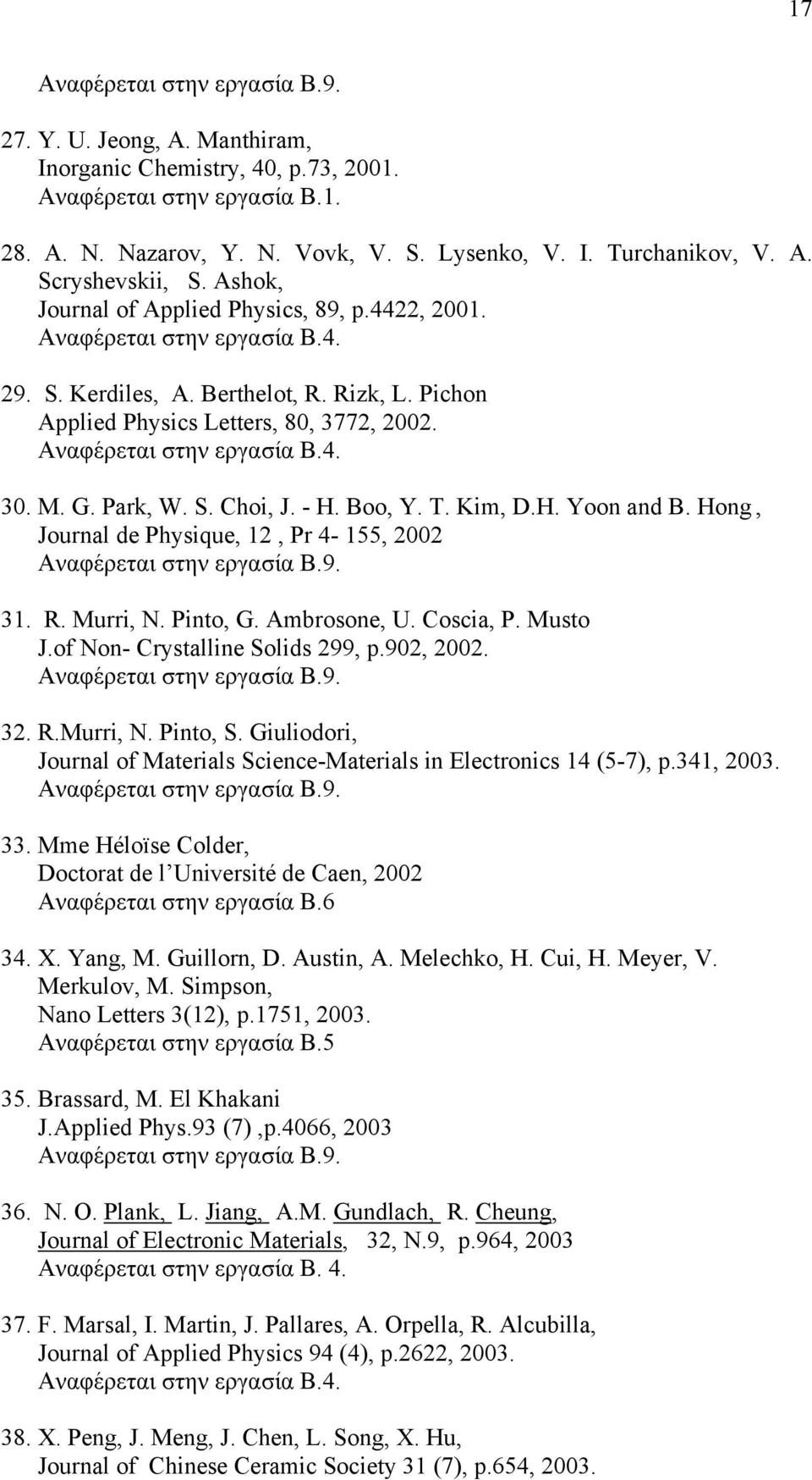 H. Yoon and B. Hong, Journal de Physique, 12, Pr 4-155, 2002 Αναφέρεται στην εργασία Β.9. 31. R. Murri, N. Pinto, G. Ambrosone, U. Coscia, P. Musto J.of Non- Crystalline Solids 299, p.902, 2002.