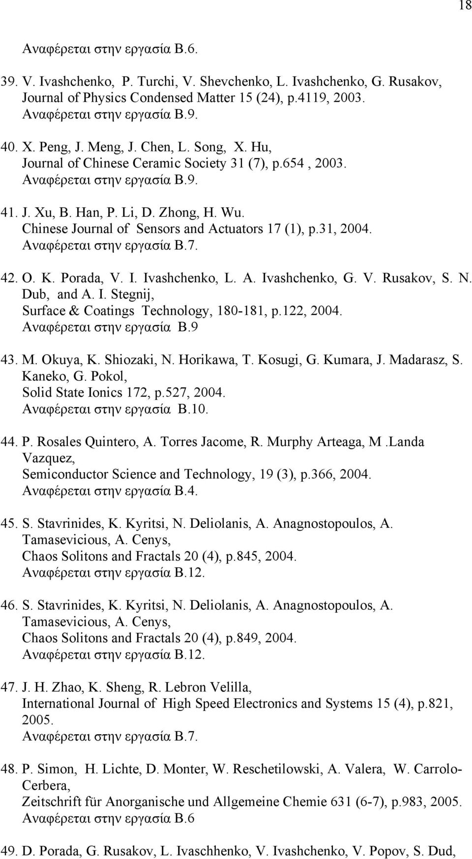 Chinese Journal of Sensors and Actuators 17 (1), p.31, 2004. Αναφέρεται στην εργασία Β.7. 42. O. K. Porada, V. I. Ivashchenko, L. A. Ivashchenko, G. V. Rusakov, S. N. Dub, and A. I. Stegnij, Surface & Coatings Technology, 180-181, p.