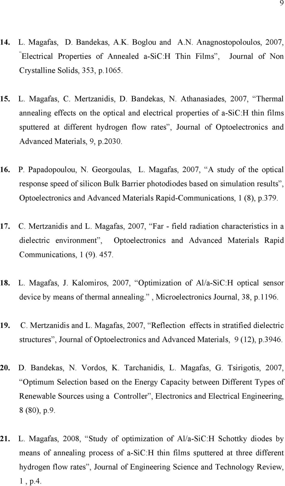 Athanasiades, 2007, Thermal annealing effects on the optical and electrical properties of a-sic:h thin films sputtered at different hydrogen flow rates, Journal of Optoelectronics and Advanced