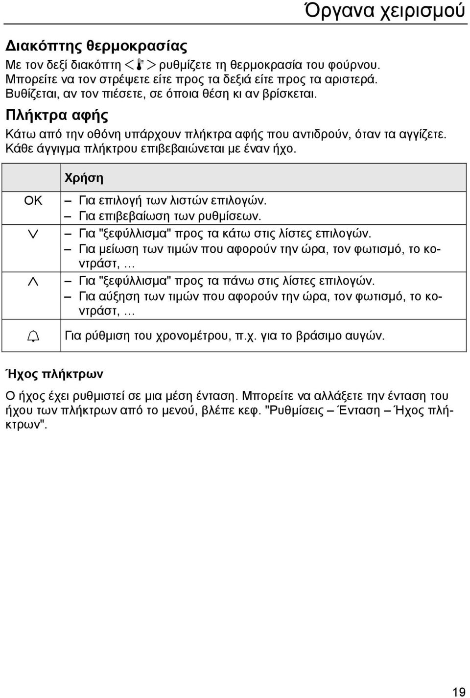 Κάθε άγγιγµα πλήκτρου επιβεβαιώνεται µε έναν ήχο. OK X Y N Χρήση Για επιλογή των λιστών επιλογών. Για επιβεβαίωση των ρυθµίσεων. Για "ξεφύλλισµα" προς τα κάτω στις λίστες επιλογών.