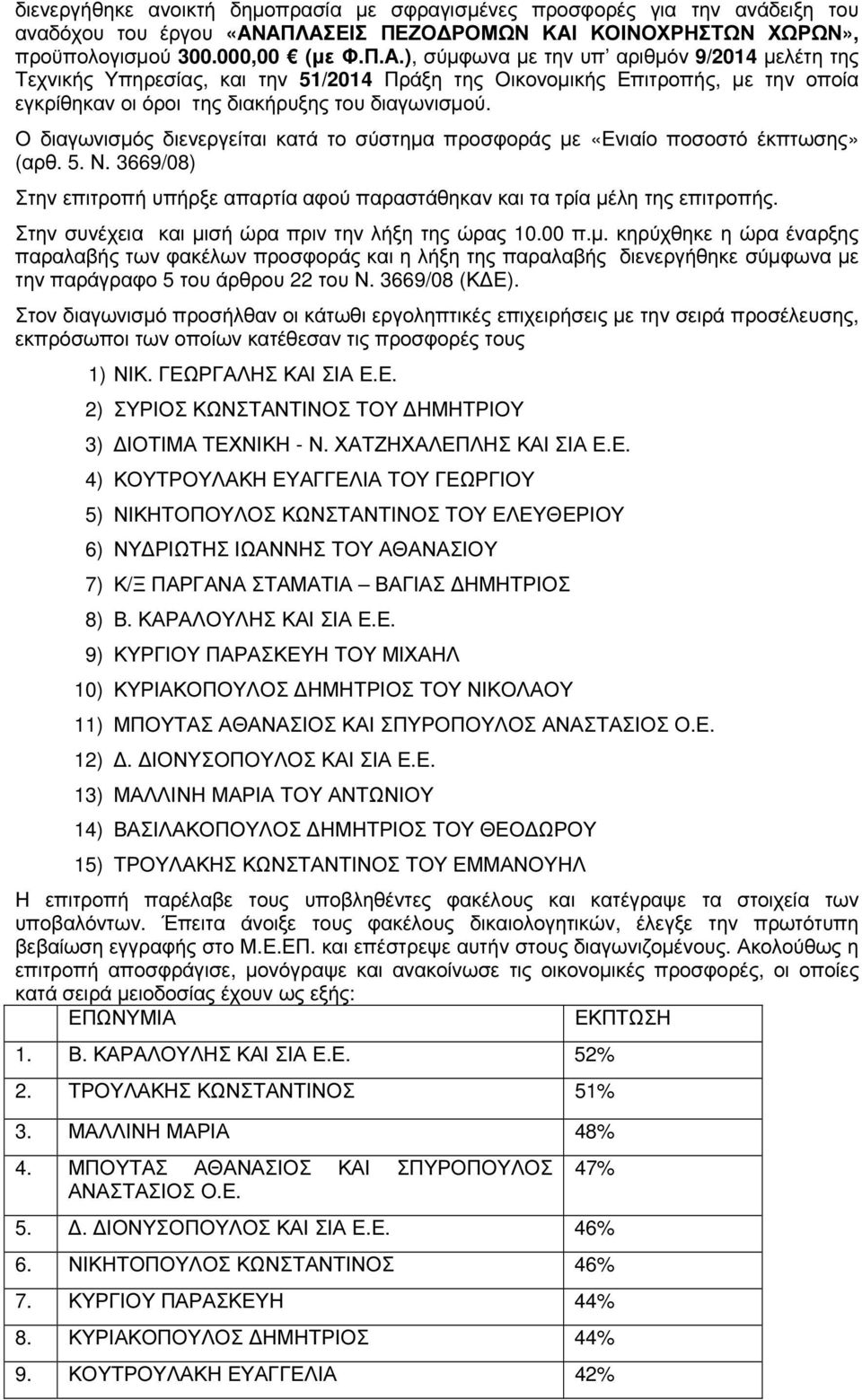 Ο διαγωνισµός διενεργείται κατά το σύστηµα προσφοράς µε «Ενιαίο ποσοστό έκπτωσης» (αρθ. 5. Ν. 3669/08) Στην επιτροπή υπήρξε απαρτία αφού παραστάθηκαν και τα τρία µέλη της επιτροπής.