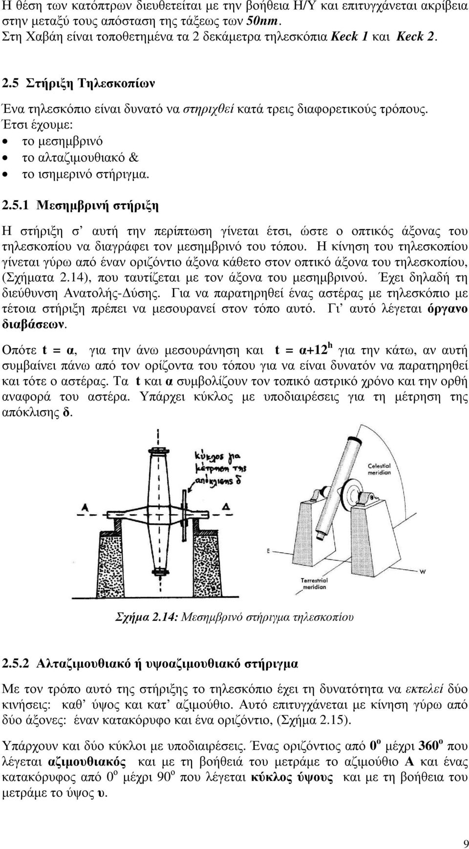 Η κίνηση του τηλεσκοπίου γίνεται γύρω από έναν οριζόντιο άξονα κάθετο στον οπτικό άξονα του τηλεσκοπίου, (Σχήµατα 2.14), που ταυτίζεται µε τον άξονα του µεσηµβρινού.