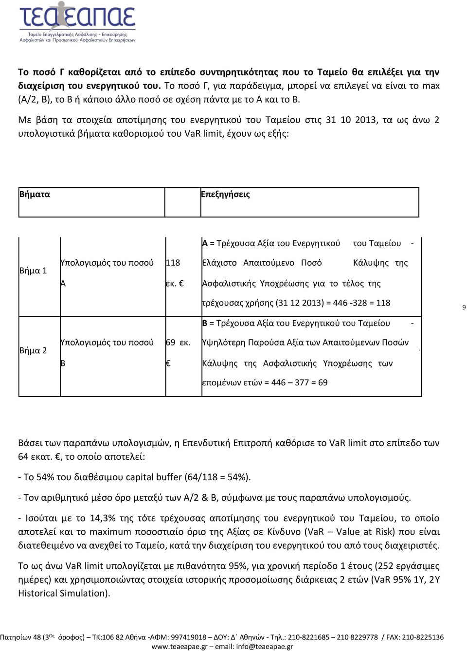 Με βάση τα στοιχεία αποτίμησης του ενεργητικού του Ταμείου στις 31 10 2013, τα ως άνω 2 υπολογιστικά βήματα καθορισμού του VaR limit, έχουν ως εξής: Βήματα Επεξηγήσεις Α = Τρέχουσα Αξία του