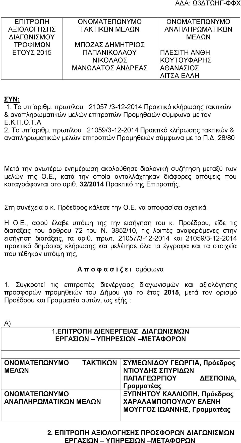 πρωτ/λου 21059/3-12-2014 Πρακτικό κλήρωσης τακτικών & αναπληρωματικών μελών επιτροπών Προμηθειών σύμφωνα με το Π.Δ.