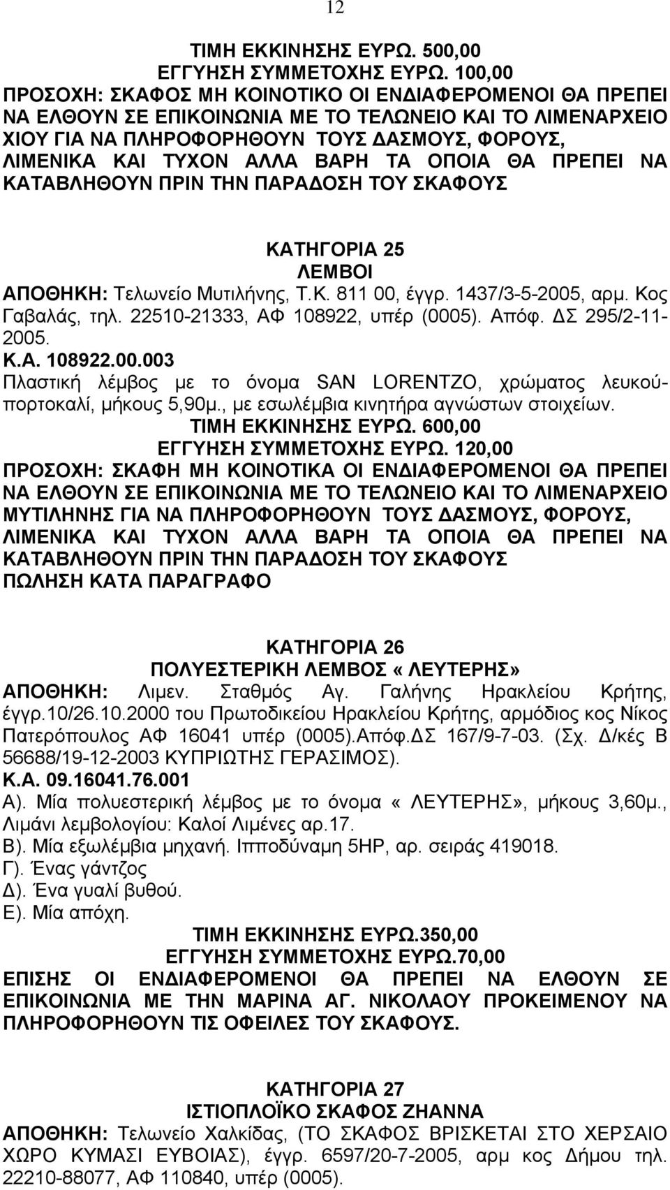 Τελωνείο Μυτιλήνης, Τ.Κ. 811 00, έγγρ. 1437/3-5-2005, αρµ. Κος Γαβαλάς, τηλ. 22510-21333, ΑΦ 108922, υπέρ (0005). Απόφ. Σ 295/2-11- 2005. Κ.Α. 108922.00.003 Πλαστική λέµβος µε το όνοµα SAN LORENTZO, χρώµατος λευκούπορτοκαλί, µήκους 5,90µ.