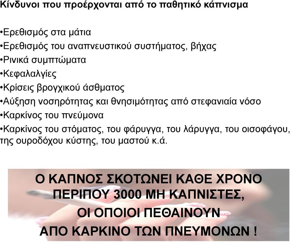 νόσο Καρκίνος του πνεύμονα Καρκίνος του στόματος, του φάρυγγα, του λάρυγγα, του οισοφάγου, της ουροδόχου κύστης,