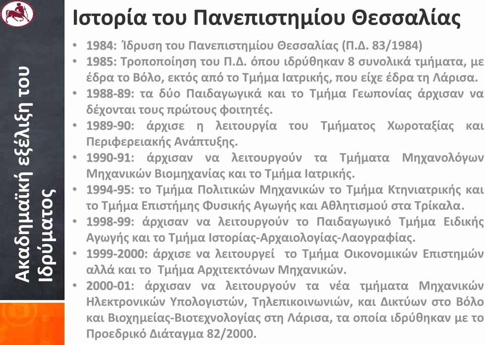 1988 89 89: τα δύο Παιδαγωγικά και το Τμήμα Γεωπονίας άρχισαν να δέχονται τους πρώτους φοιτητές. 1989 90 90: άρχισε η λειτουργία του Τμήματος Χωροταξίας και Περιφερειακής Ανάπτυξης.