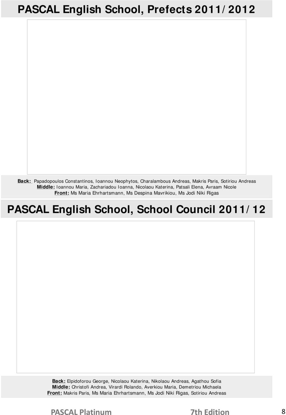 PASCAL English School, School Council 2011/12 Back: Elpidoforou George, Nicolaou Katerina, Nikolaou Andreas, Agathou Sofia Middle: Christofi Andrea,