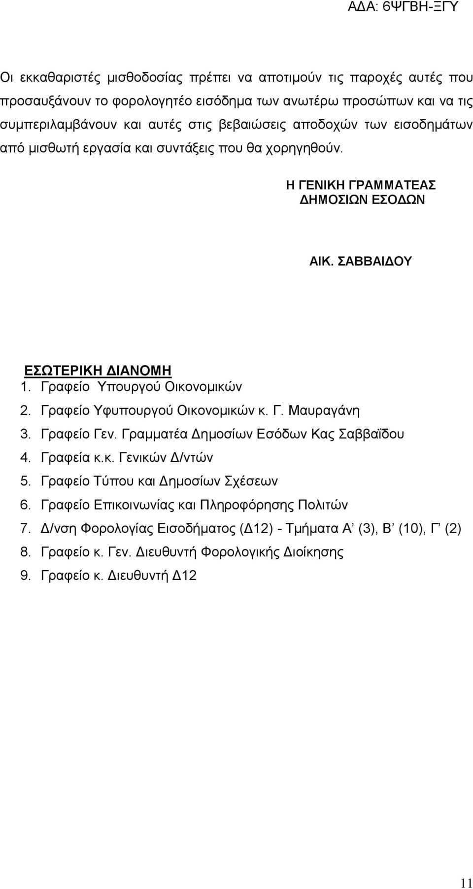 Γραφείο Υφυπουργού Οικονομικών κ. Γ. Μαυραγάνη 3. Γραφείο Γεν. Γραμματέα Δημοσίων Εσόδων Κας Σαββαΐδου 4. Γραφεία κ.κ. Γενικών Δ/ντών 5. Γραφείο Τύπου και Δημοσίων Σχέσεων 6.