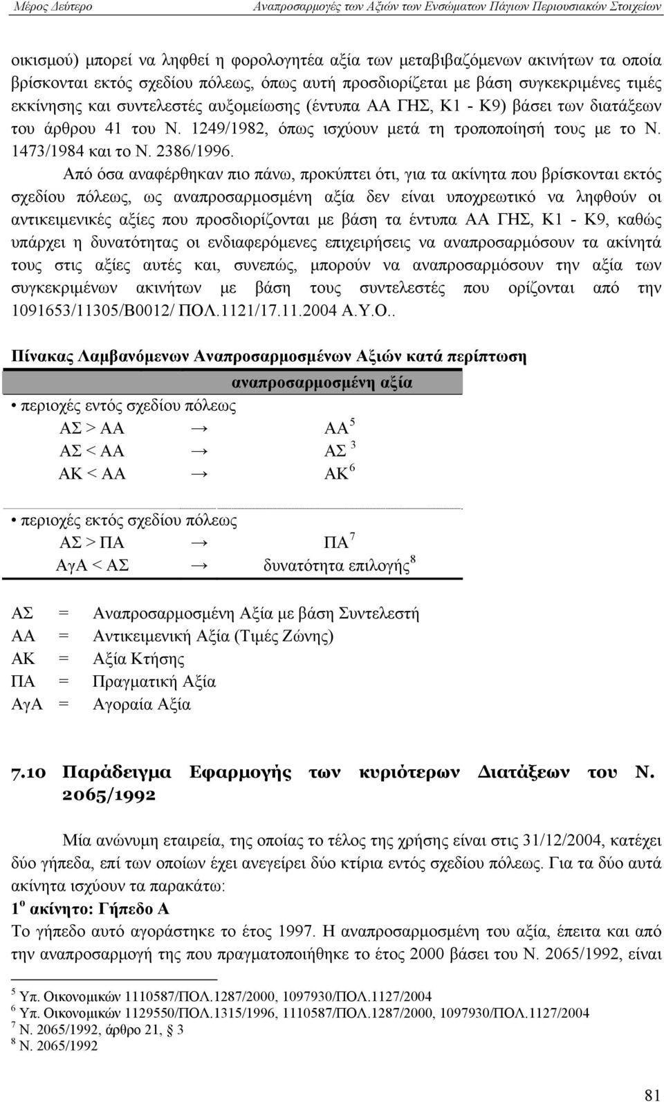 Από όσα αναφέρθηκαν πιο πάνω, προκύπτει ότι, για τα ακίνητα που βρίσκονται εκτός σχεδίου πόλεως, ως αναπροσαρμοσμένη αξία δεν είναι υποχρεωτικό να ληφθούν οι αντικειμενικές αξίες που προσδιορίζονται