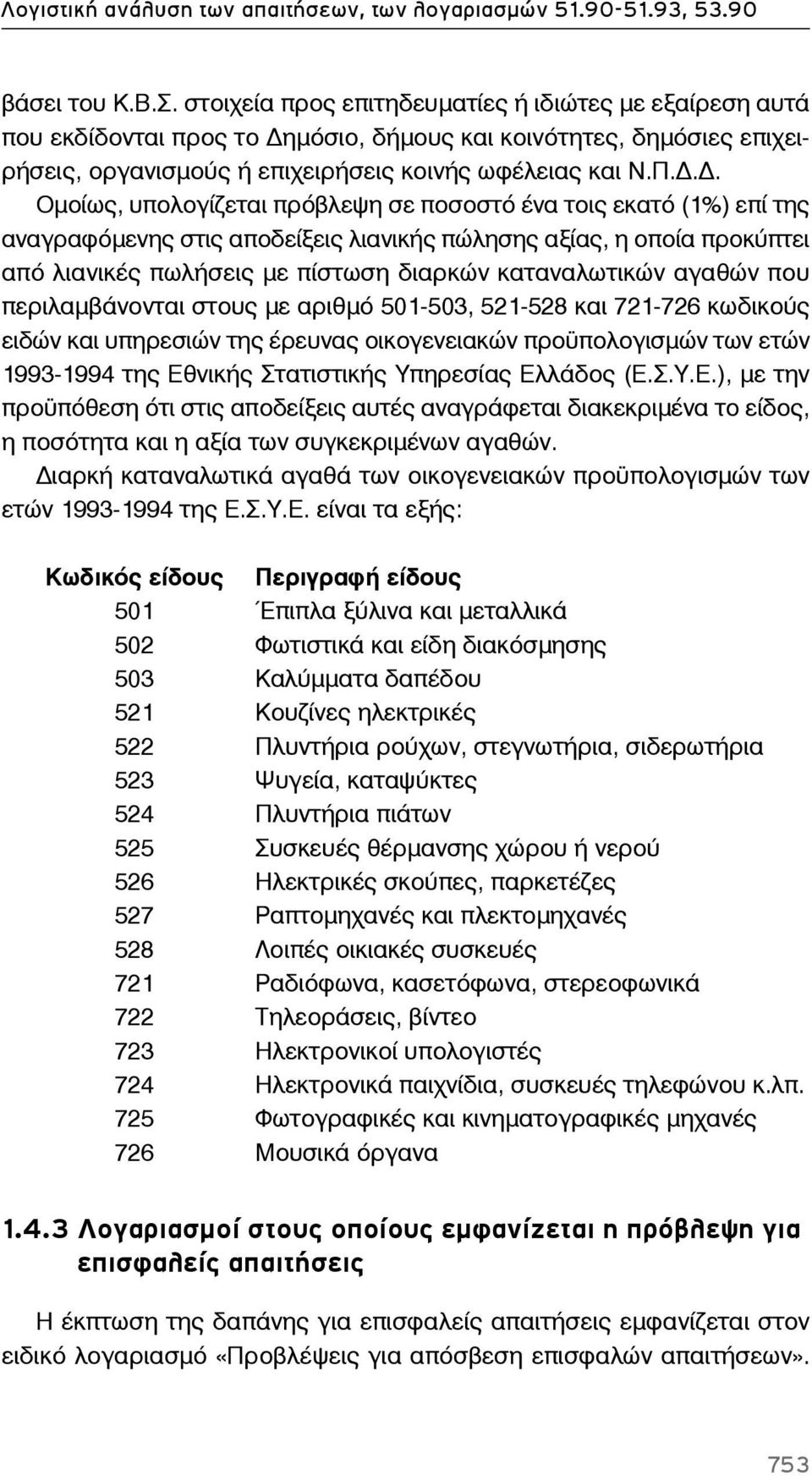 .. Ομοίως, υπολογίζεται πρόβλεψη σε ποσοστό ένα τοις εκατό (1%) επί της αναγραφόμενης στις αποδείξεις λιανικής πώλησης αξίας, η οποία προκύπτει από λιανικές πωλήσεις με πίστωση διαρκών καταναλωτικών