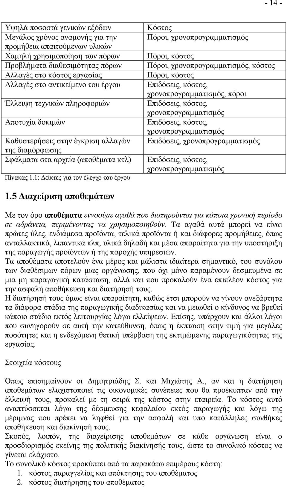 1: είκτες για τον έλεγχο του έργου Κόστος Πόροι, χρονοπρογραµµατισµός Πόροι, κόστος Πόροι, χρονοπρογραµµατισµός, κόστος Πόροι, κόστος Επιδόσεις, κόστος, χρονοπρογραµµατισµός, πόροι Επιδόσεις, κόστος,