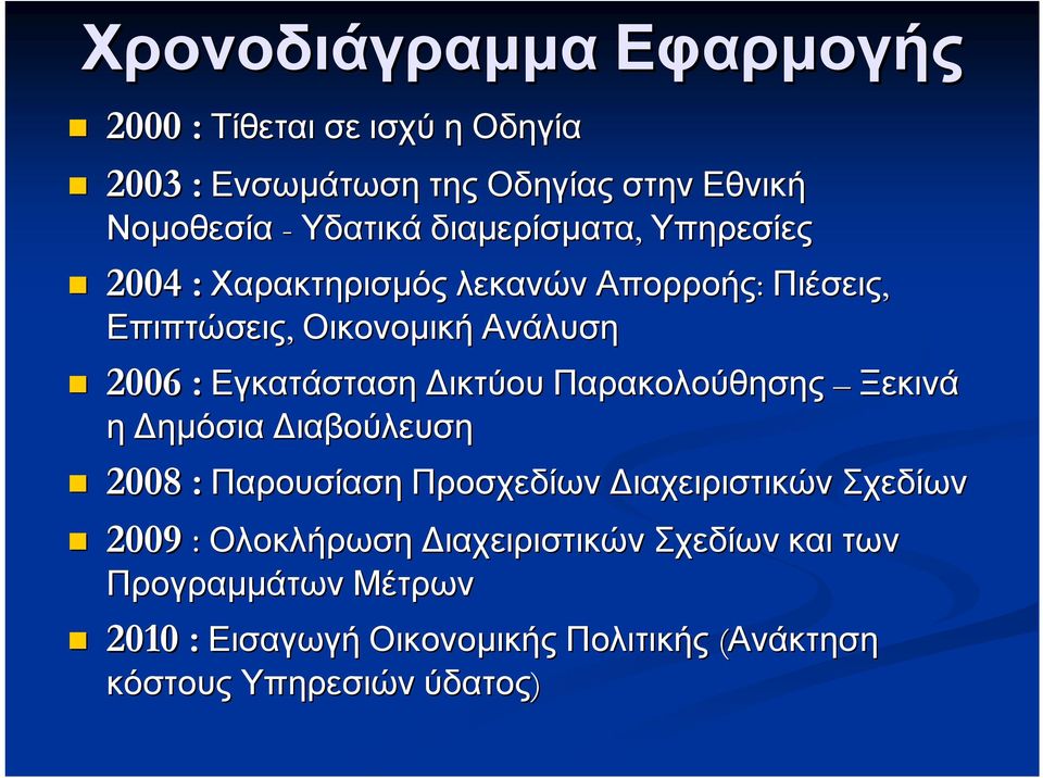 Εγκατάσταση Δικτύου Παρακολούθησης Ξεκινά η Δημόσια Διαβούλευση 2008 : Παρουσίαση Προσχεδίων Διαχειριστικών Σχεδίων 2009 : Ολοκλήρωση