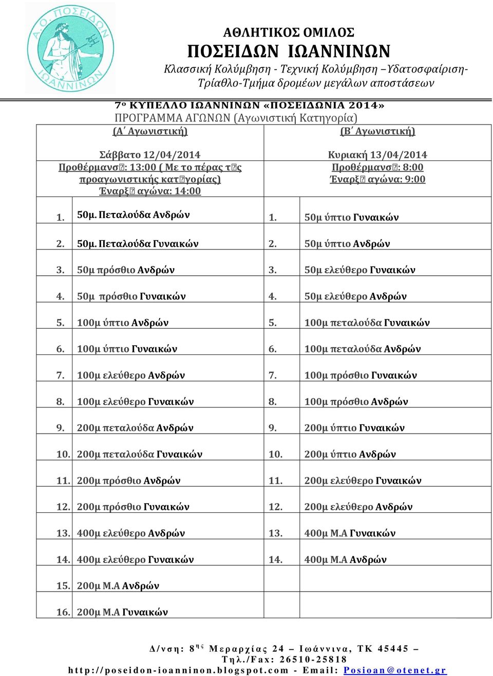 50μ ελεύθερο Γυναικών 4. 50μ πρόσθιο Γυναικών 4. 50μ ελεύθερο Ανδρών 5. 100μ ύπτιο Ανδρών 5. 100μ πεταλούδα Γυναικών 6. 100μ ύπτιο Γυναικών 6. 100μ πεταλούδα Ανδρών 7. 100μ ελεύθερο Ανδρών 7.