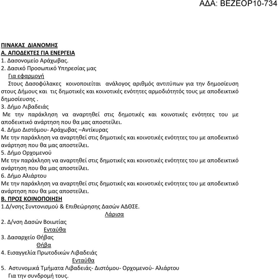 αποδεικτικό δημοσίευσης. 3. Δήμο Λιβαδειάς Με την παράκληση να αναρτηθεί στις δημοτικές και κοινοτικές ενότητες του με αποδεικτικό ανάρτηση που θα μας αποστείλει. 4.
