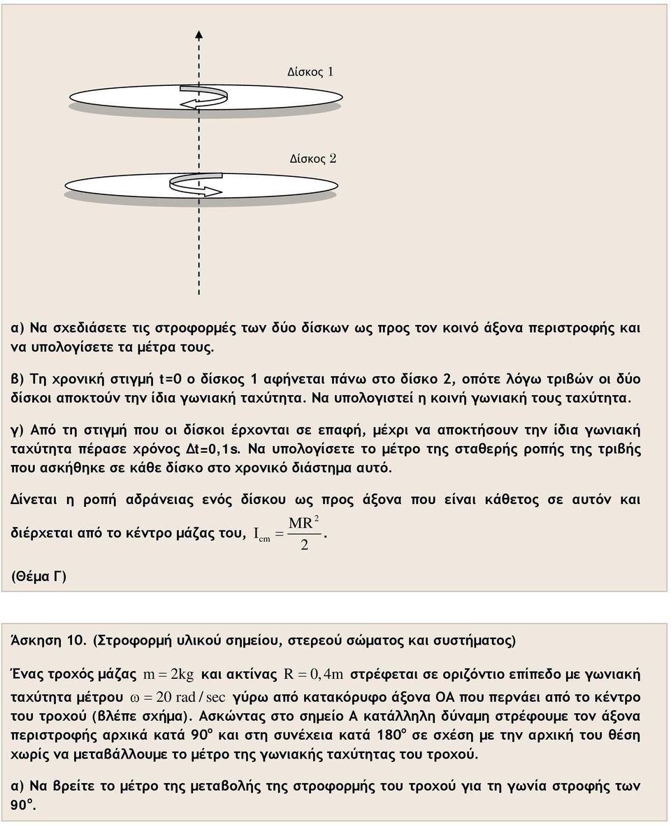 γ) Από τη στιγμή που οι δίσκοι έρχονται σε επαφή, μέχρι να αποκτήσουν την ίδια γωνιακή ταχύτητα πέρασε χρόνος Δt=0,1s.
