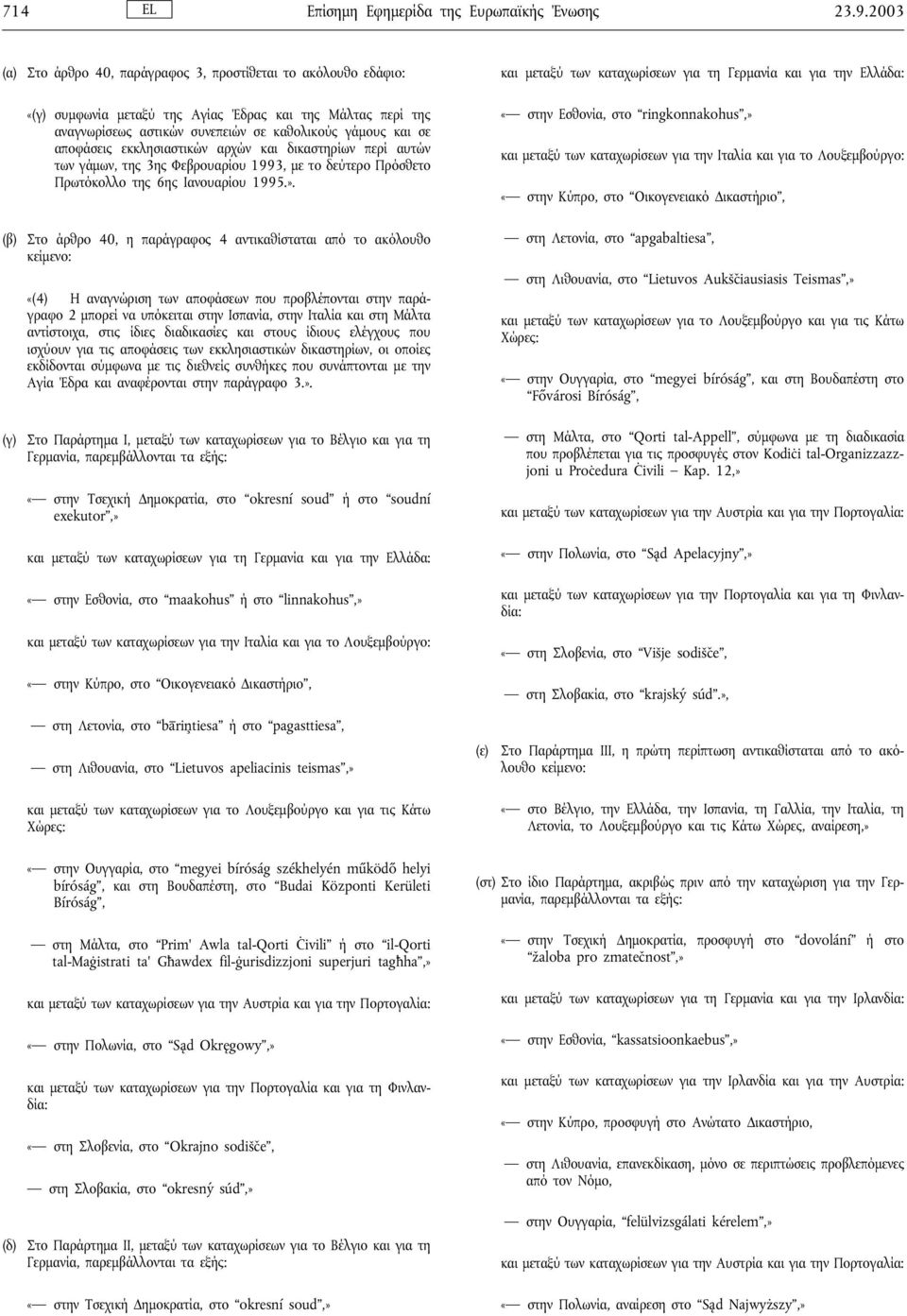 εκκλησιαστικών αρχών και δικαστηρίων περί αυτών των γάµων, της 3ης Φεβρουαρίου 1993, µε το δεύτερο Πρόσθετο Πρωτόκολλο της 6ης Ιανουαρίου 1995.».