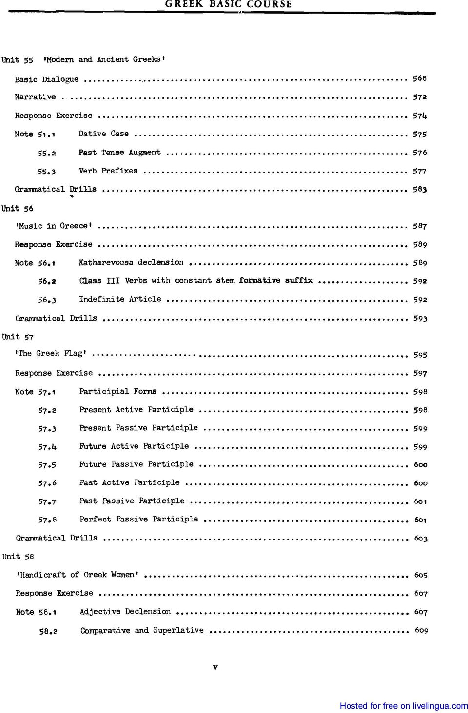 1 Κatharevousa declension..... 589 56.2 56.3 Class 111 Verbs with constant stem formative suffix.. 592 Indefinite Article............. 592 Grammatical Drills.................. 593 Unit 57 'The Greek Flag'.