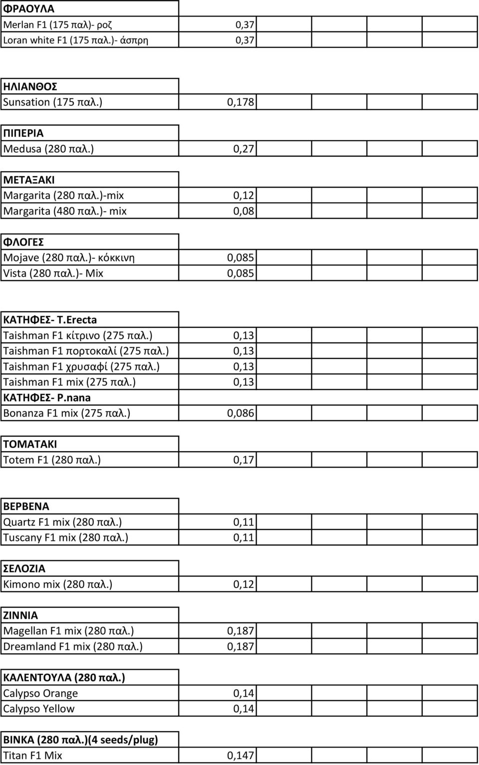 ) 0,13 Taishman F1 χρυσαφί (275 παλ.) 0,13 Taishman F1 mix (275 παλ.) 0,13 ΚΑΤΗΦΕΣ- P.nana Bonanza F1 mix (275 παλ.) 0,086 ΤΟΜΑΤΑΚΙ Totem F1 (280 παλ.) 0,17 ΒΕΡΒΕΝΑ Quartz F1 mix (280 παλ.