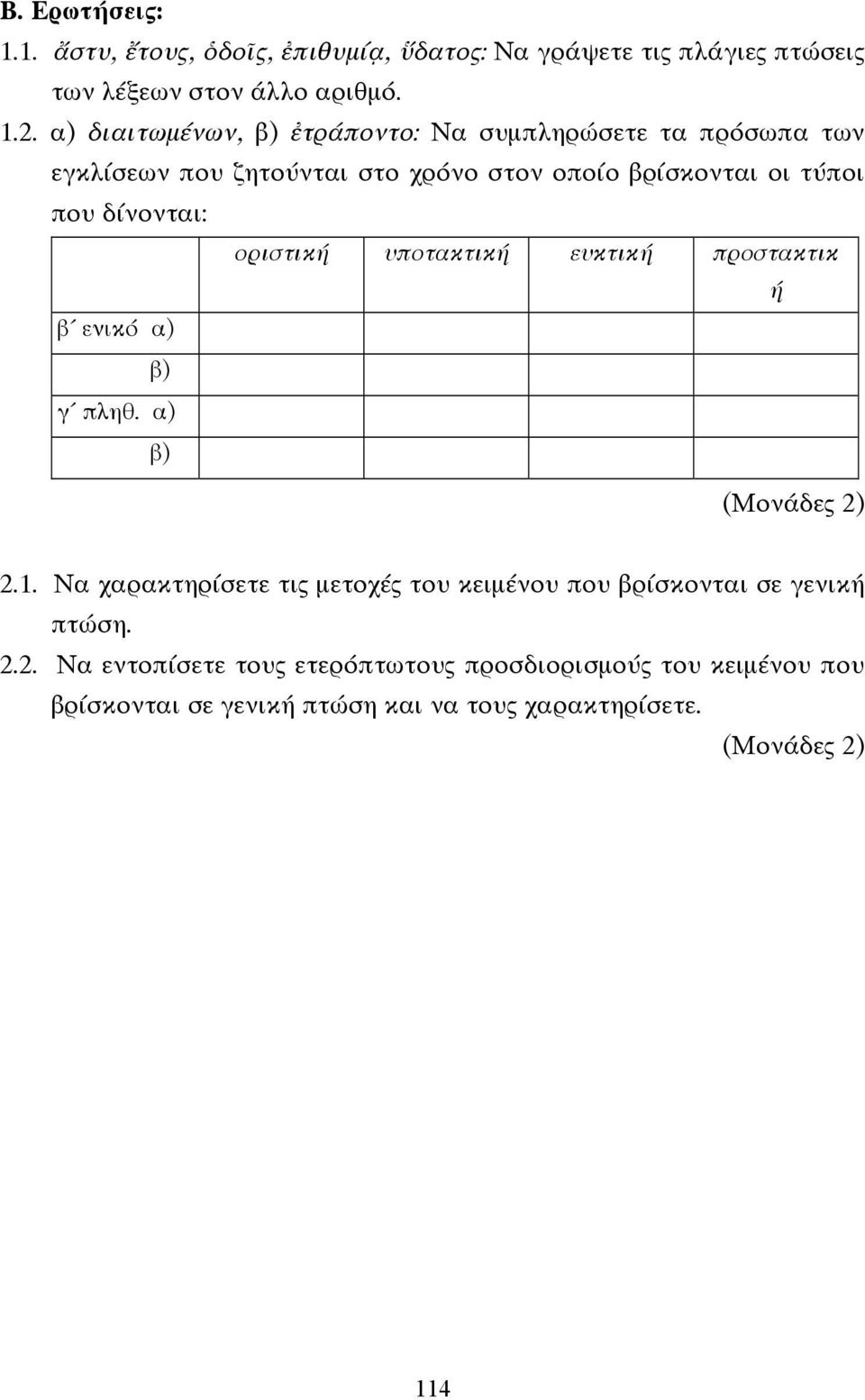 δίνονται: οριστική υποτακτική ευκτική προστακτικ ή β ενικό α) β) γ πληθ. α) β) 2.1.