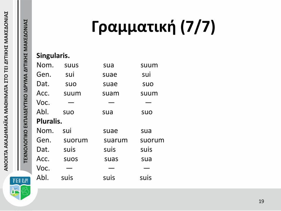 suo sua suo Pluralis. Nom. sui suae sua Gen.