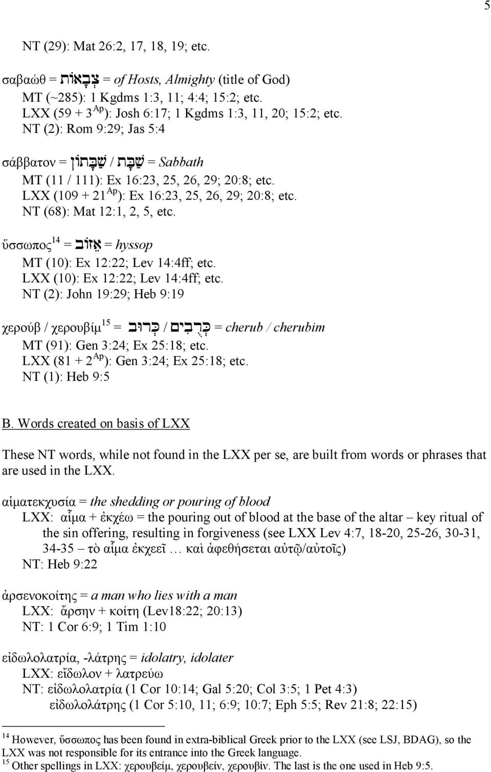 / ὕσσωπος 14 hyssop MT (10): Ex 12:22; Lev 14:4ff; etc. LXX (10): Ex 12:22; Lev 14:4ff; etc. NT (2): John 19:29; Heb 9:19 χερούβ / χερουβίµ 15 cherub / cherubim MT (91): Gen 3:24; Ex 25:18; etc.