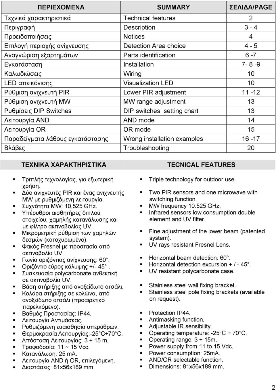 MW range adjustment 13 Ρπζκίζεηο DIP Switches DIP switches setting chart 13 Λεηηνπξγία AND AND mode 14 Λεηηνπξγία OR OR mode 15 Παξαδείγκαηα ιάζνπο εγθαηάζηαζεο Wrong installation examples 16-17