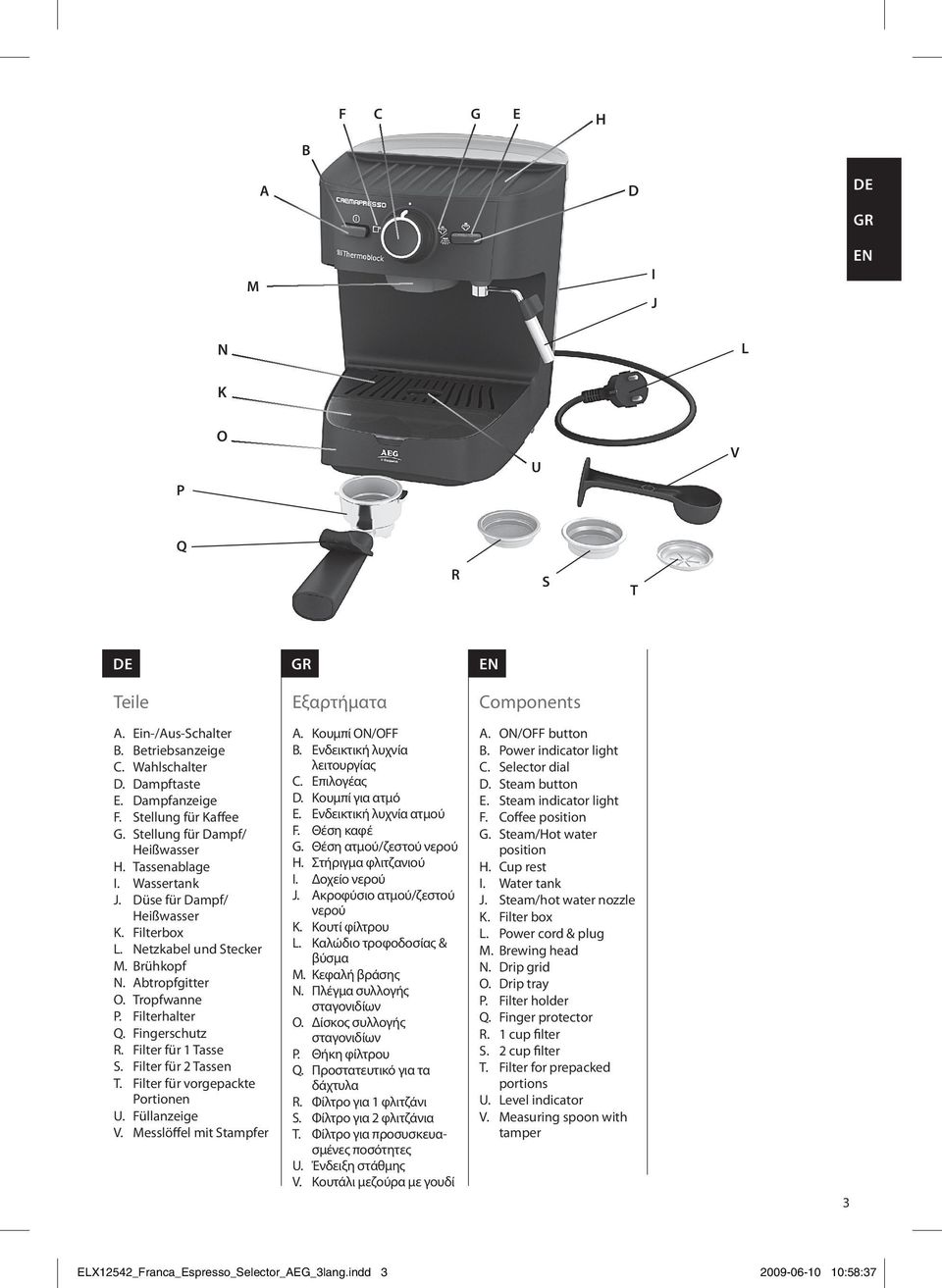 Fingerschutz R. Filter für 1 Tasse S. Filter für 2 Tass T. Filter für vorgepackte Portion U. Füllanzeige V. Messlöffel mit Stampfer A. Κουμπί ON/OFF B. Ενδεικτική λυχνία λειτουργίας C. Επιλογέας D.