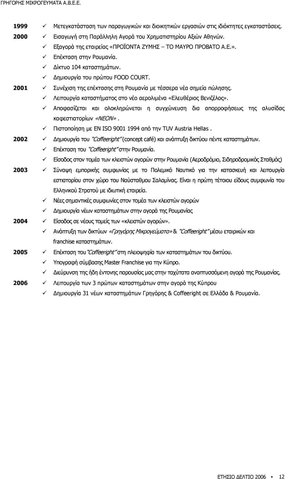 2001 Συνέχιση της επέκτασης στη Ρουµανία µε τέσσερα νέα σηµεία πώλησης. Λειτουργία καταστήµατος στο νέο αερολιµένα «Ελευθέριος Βενιζέλος».