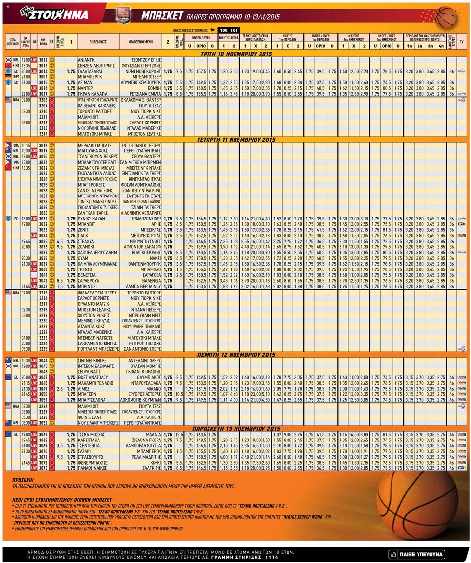 1η 2η 3η 4η ΤΡΙΤΗ 10 ΝΟΕΜΒΡΙΟΥ 2015 KBL 12:00 3012 ΑΝΙΑΝΓΚ ΤΖΟΝΤΖΟΥ ΕΓΚΙΣ ΚΙΝΑ 13:35 3013 ΣΕΝΖΕΝ ΛΕΟΠΑΡΝΤΣ ΦΟΥΤΖΙΑΝ ΣΤΕΡΤΖΟΝΣ EC 20:00 3014 1,5 ΓΑΛΑΤΑΣΑΡΑΪ ΝΙΖΝΙ ΝΟΒΓΚΟΡΟΝΤ 1,5,5 1,5 15,5 1,5 1,20