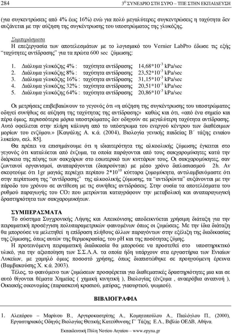 Διάλυμα γλυκόζης 4% : ταχύτητα αντίδρασης 14,68*10-3 kpa/sec 2. Διάλυμα γλυκόζης 8% : ταχύτητα αντίδρασης 23,52*10-3 kpa/sec 3. Διάλυμα γλυκόζης 16% : ταχύτητα αντίδρασης 31,15*10-3 kpa/sec 4.