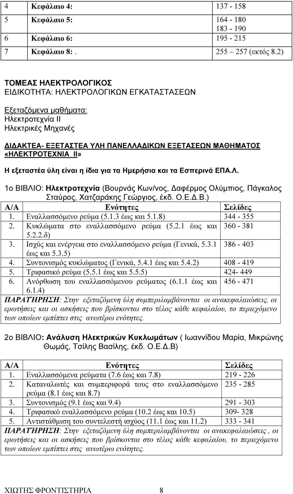 Η εξεταστέα ύλη είναι η ίδια για τα Ηµερήσια και τα Εσπερινά ΕΠΑ.Λ. 1ο ΒΙΒΛΙΟ: Ηλεκτροτεχνία (Βουρνάς Κων/νος, αφέρµος Ολύµπιος, Πάγκαλος Σταύρος, Χατζαράκης Γεώργιος, έκδ. Ο.Ε..Β.) Α/Α Ενότητες Σελίδες 1.