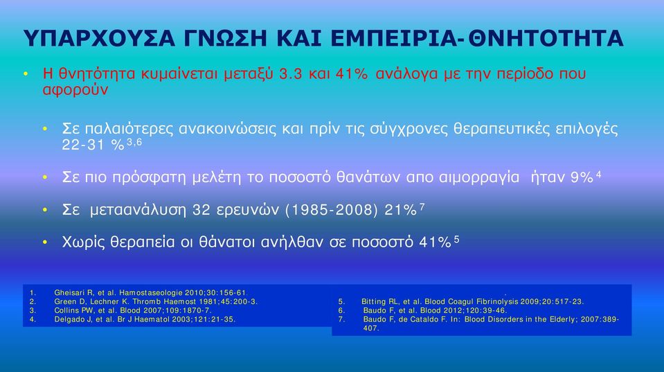 ήταν 9% 4 Σε μεταανάλυση 32 ερευνών (1985-2008) 21% 7 Χωρίς θεραπεία οι θάνατοι ανήλθαν σε ποσοστό 41% 5 1. Gheisari R, et al. Hamostaseologie 2010;30:156-61. 2. Green D, Lechner K.