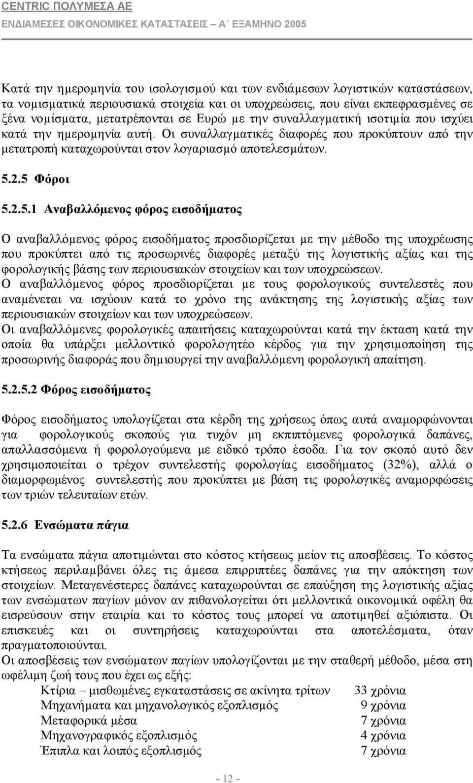 2.5 Φόροι 5.2.5.1 Αναβαλλόµενος φόρος εισοδήµατος Ο αναβαλλόµενος φόρος εισοδήµατος προσδιορίζεται µε την μέθοδο της υποχρέωσης που προκύπτει από τις προσωρινές διαφορές μεταξύ της λογιστικής αξίας