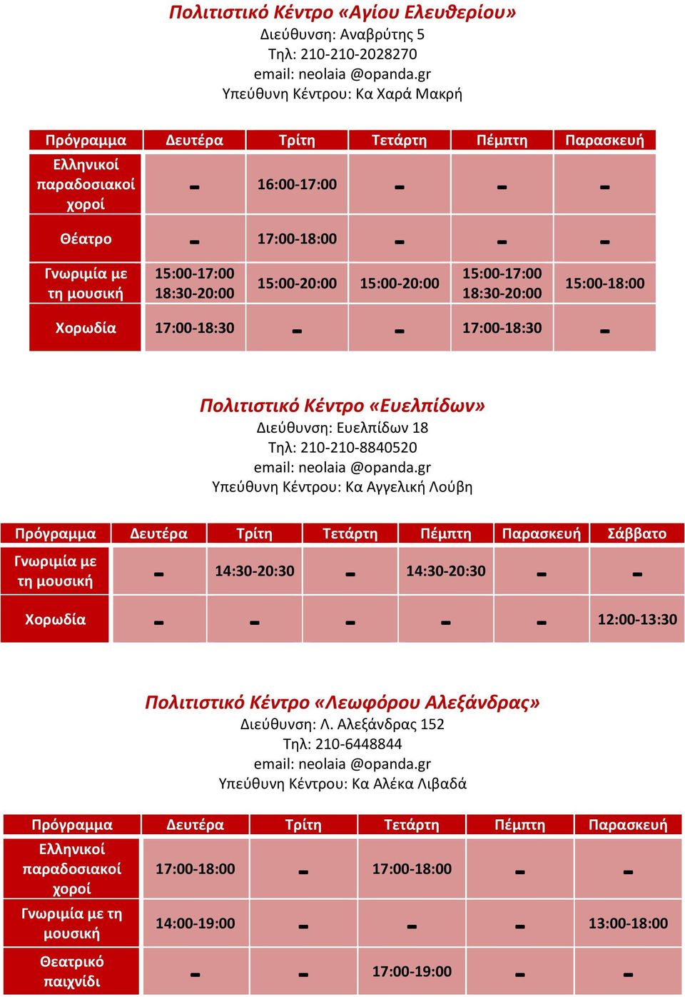 Ευελπίδων 18 Τηλ: 2102108840520 Υπεύθυνη Κέντρου: Κα Αγγελική Λούβη Σάββατο τη μουσική 14:3020:30 14:3020:30 Χορωδία 12:0013:30 Πολιτιστικό Κέντρο