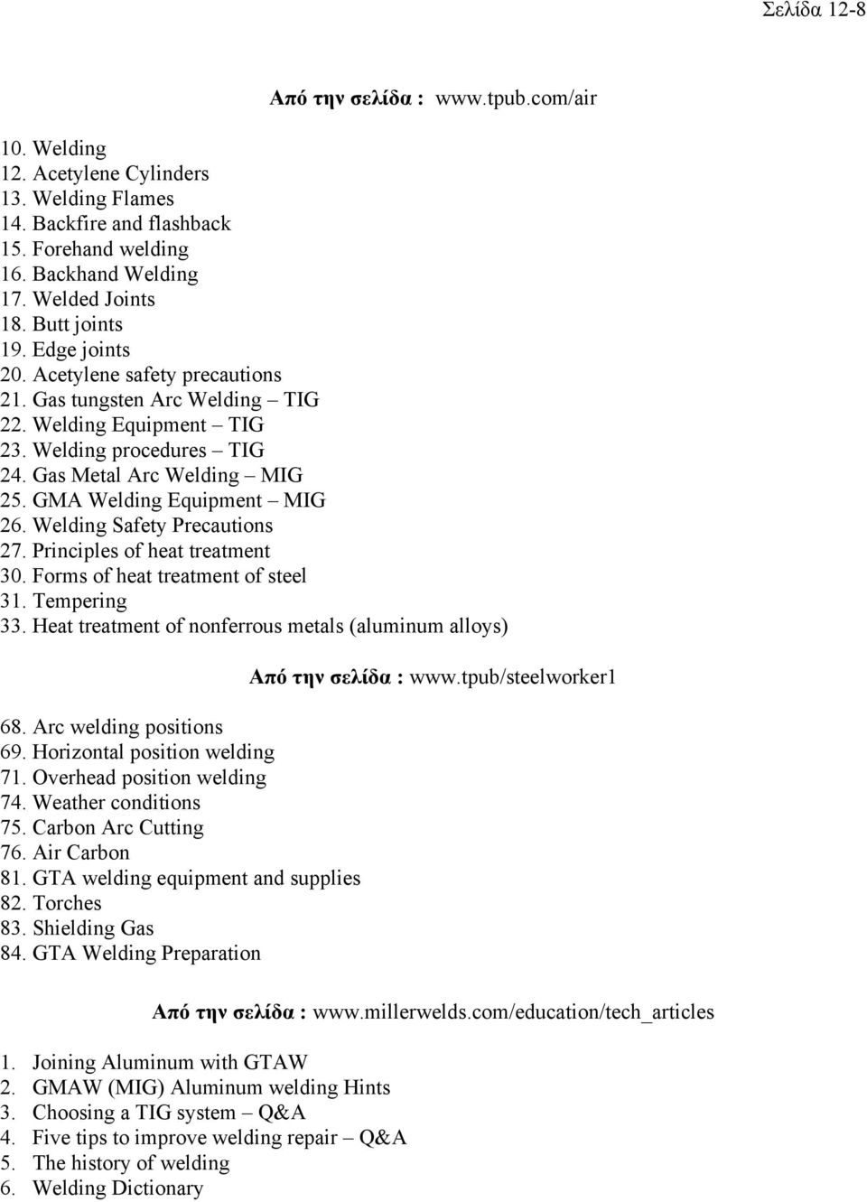 GMA Welding Equipment MIG 26. Welding Safety Precautions 27. Principles of heat treatment 30. Forms of heat treatment of steel 31. Tempering 33.