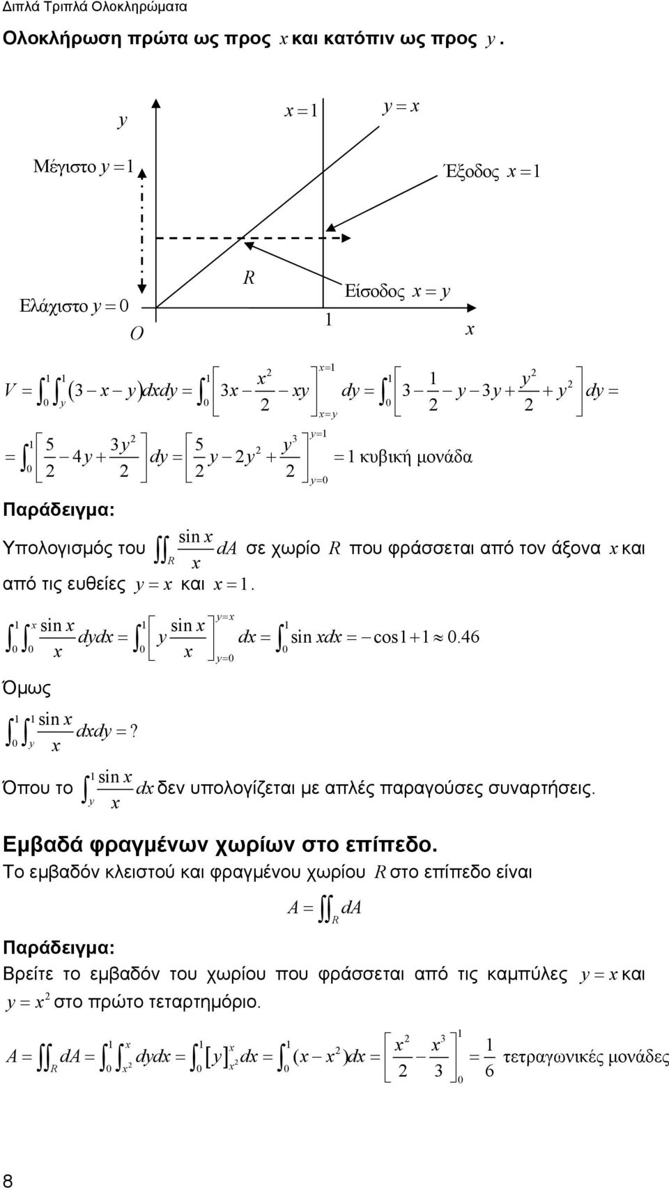 φράσσεται από τον άξονα και από τις ευθείες = και =. = sin sin dd = d sin d cos.46 = = + = Όμως sin dd =?