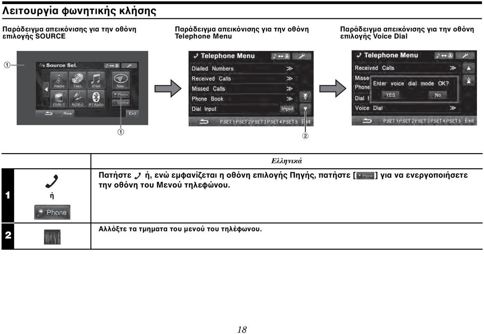 Voice Dial 1 ή Ελληνικά Πατήστε ή, ενώ εμφανίζεται η οθόνη επιλογής Πηγής, πατήστε [ ] για