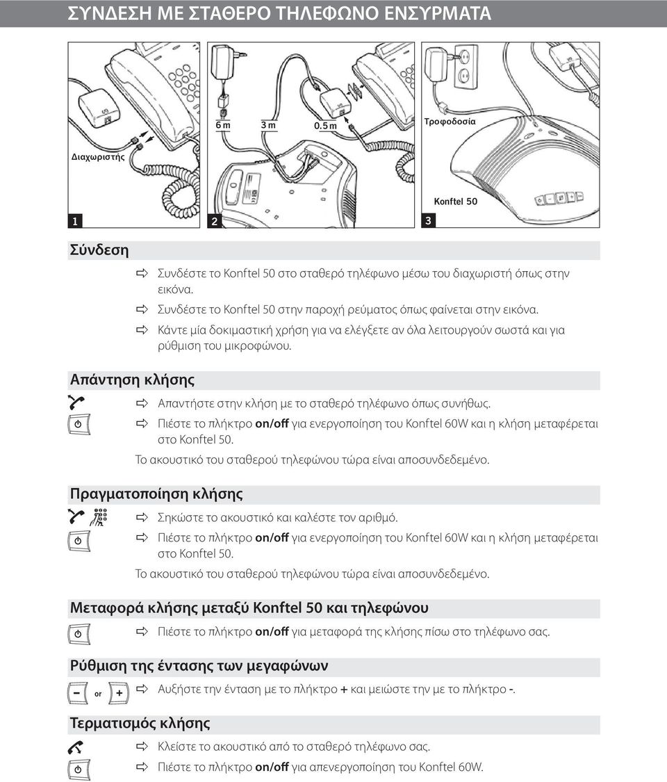 Απάντηση κλήσης apple Απαντήστε στην κλήση με το σταθερό τηλέφωνο όπως συνήθως. apple Πιέστε το πλήκτρο on/off για ενεργοποίηση του Konftel 60W και η κλήση μεταφέρεται στο Konftel 50.