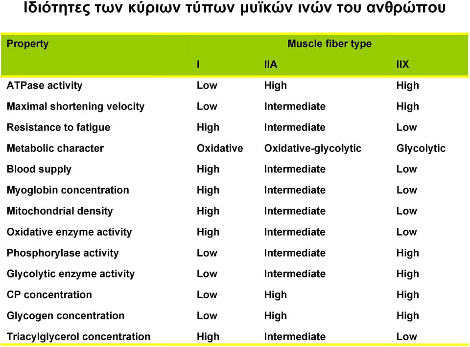 concentration High Intermediate Low Mitochondrial density High Intermediate Low Oxidative enzyme activity High Intermediate Low Phosphorylase activity Low
