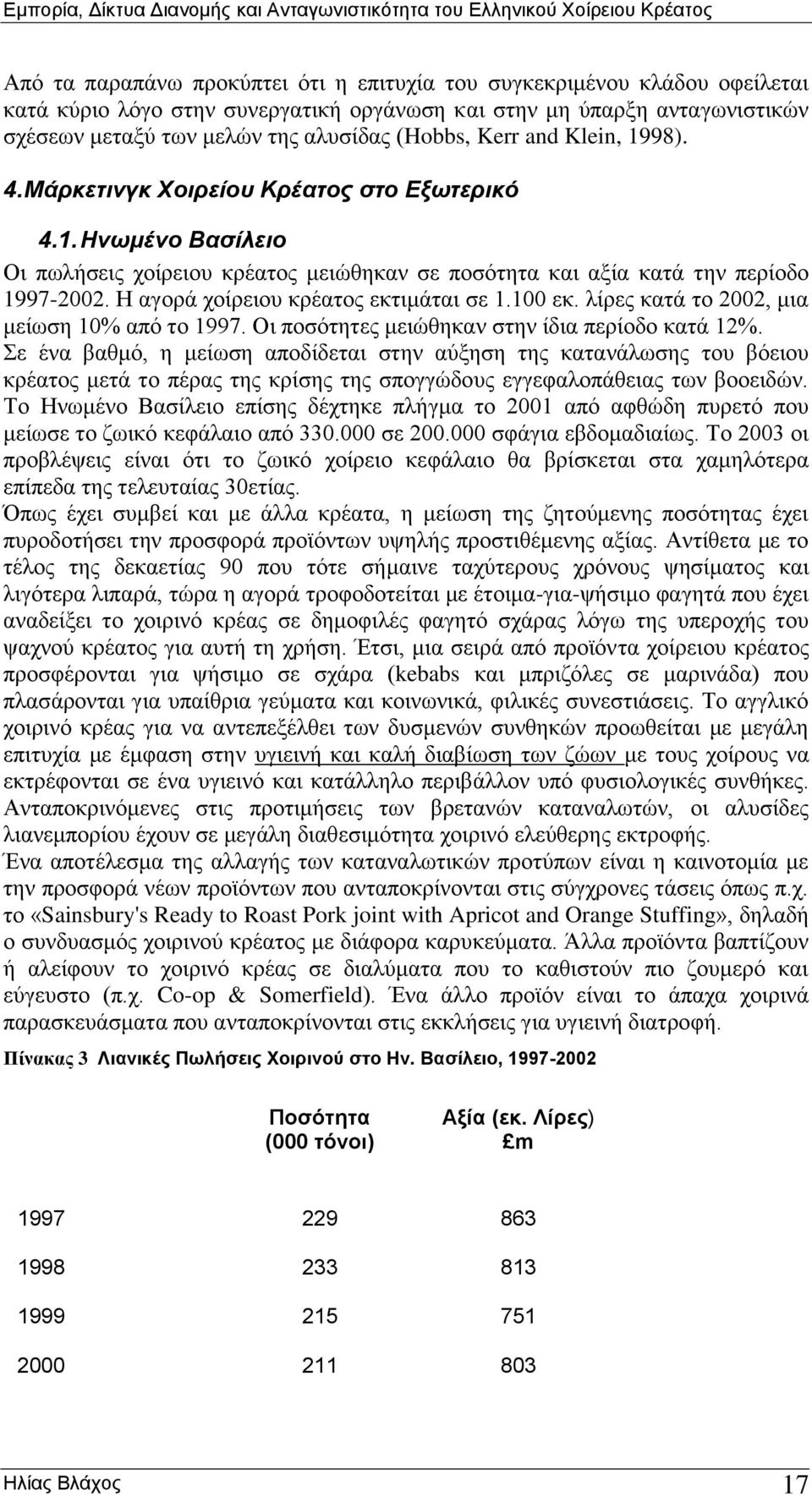 Η αγορά χοίρειου κρέατος εκτιμάται σε 1.100 εκ. λίρες κατά το 2002, μια μείωση 10% από το 1997. Οι ποσότητες μειώθηκαν στην ίδια περίοδο κατά 12%.