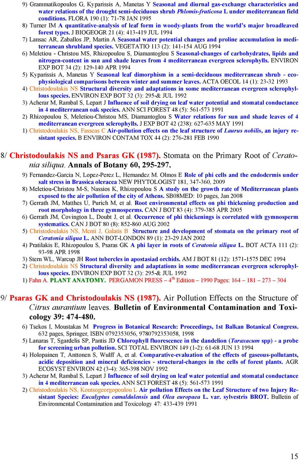 J BIOGEOGR 21 (4): 413-419 JUL 1994 7) Lansac AR, Zaballos JP, Martin A Seasonal water potential changes and proline accumulation in mediterranean shrubland species.