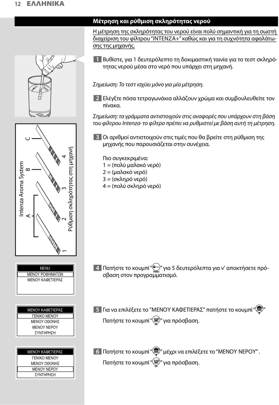 Intenza Aroma System A Β C 2 3 4 Ρύθμιση σκληρότητας στη μηχανή Σημείωση: Το τεστ ισχύει μόνο για μία μέτρηση. 2 Ελέγξτε πόσα τετραγωνάκια αλλάζουν χρώμα και συμβουλευθείτε τον πίνακα.