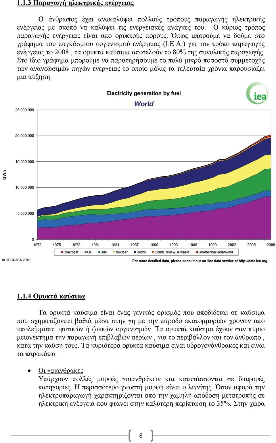 ) για τον τρόπο παραγωγής ενέργειας το 2008, τα ορυκτά καύσιμα αποτελούν το 80% της συνολικής παραγωγής.