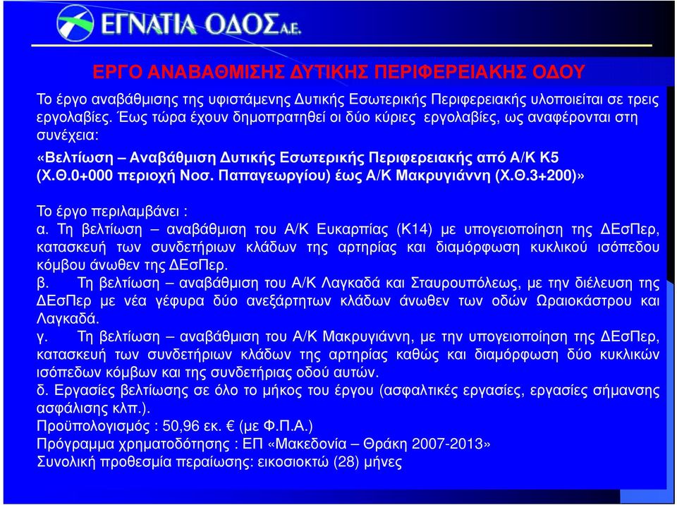 Παπαγεωργίου) έως Α/Κ Μακρυγιάννη (Χ.Θ.3+200)» Το έργο περιλαμβάνει : α.