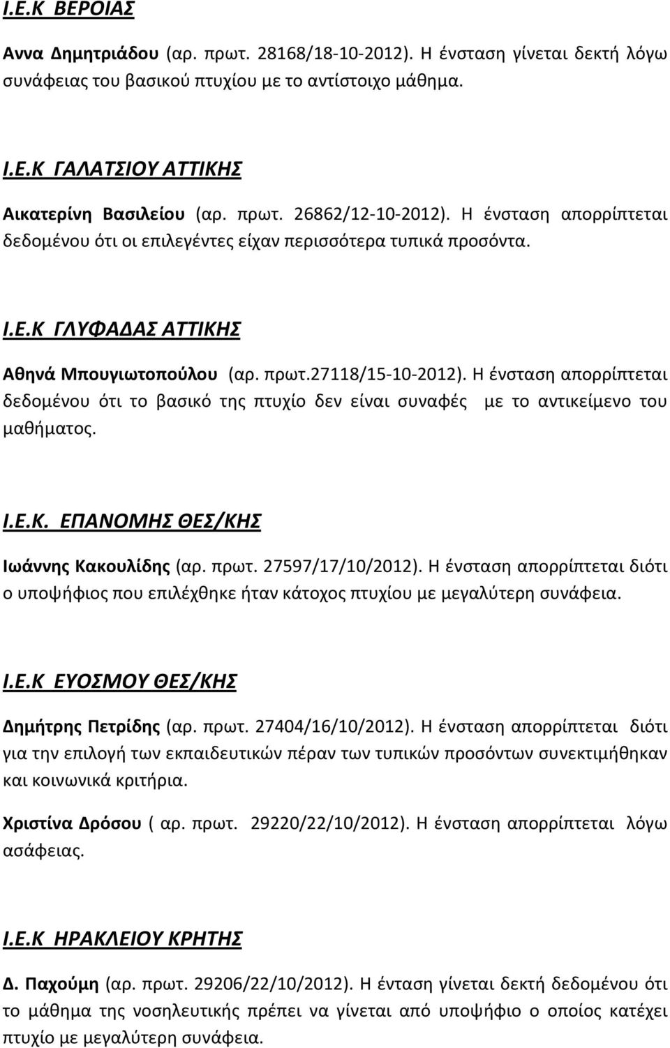 Η ένσταση απορρίπτεται δεδομένου ότι το βασικό της πτυχίο δεν είναι συναφές με το αντικείμενο του μαθήματος. Ι.Ε.Κ. ΕΠΑΝΟΜΗΣ ΘΕΣ/ΚΗΣ Ιωάννης Κακουλίδης (αρ. πρωτ. 27597/17/10/2012).