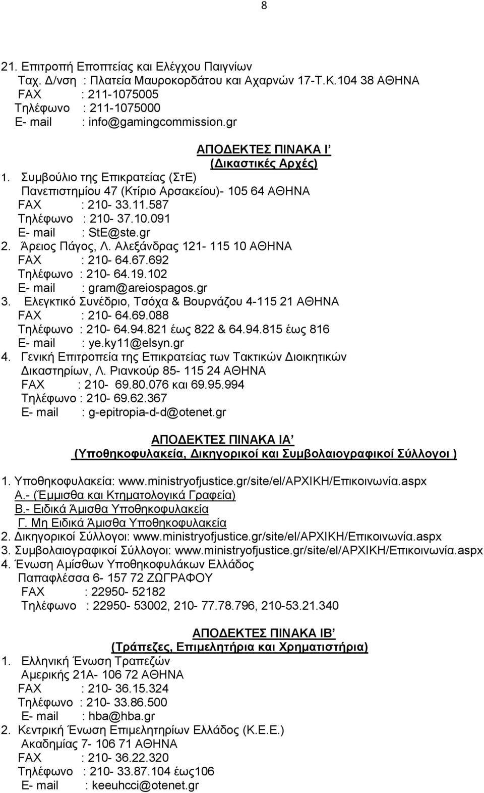 Άρειος Πάγος, Λ. Αλεξάνδρας 121-115 10 ΑΘΗΝΑ FAX : 210-64.67.692 Τηλέφωνο : 210-64.19.102 E- mail : gram@areiospagos.gr 3. Ελεγκτικό Συνέδριο, Τσόχα & Βουρνάζου 4-115 21 ΑΘΗΝΑ FAX : 210-64.69.088 Τηλέφωνο : 210-64.