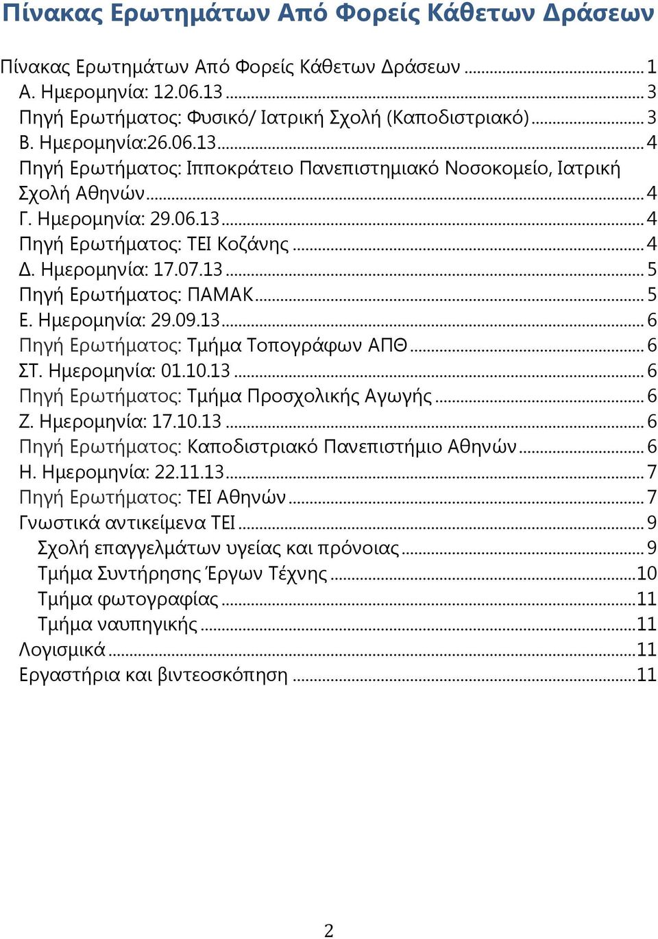 .. 5 E. Ημερομηνία: 29.09.13... 6 Πηγή Ερωτήματος: Τμήμα Τοπογράφων ΑΠΘ... 6 ΣΤ. Ημερομηνία: 01.10.13... 6 Πηγή Ερωτήματος: Τμήμα Προσχολικής Αγωγής... 6 Z. Ημερομηνία: 17.10.13... 6 Πηγή Ερωτήματος: Καποδιστριακό Πανεπιστήμιο Αθηνών.