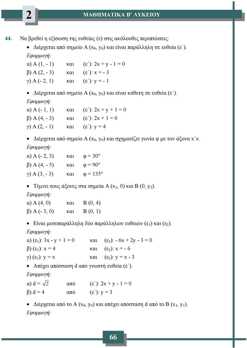 α) Α (- 1, 1) και (ε ): x + y + 1 = 0 β) Α (4, - 3) και (ε ): x + 1 = 0 γ) Α (, - 1) και (ε ): y = 4 Διέρχεται από σημείο Α (x 0, y 0 ) και σχηματίζει γωνία φ με τον άξονα x x.