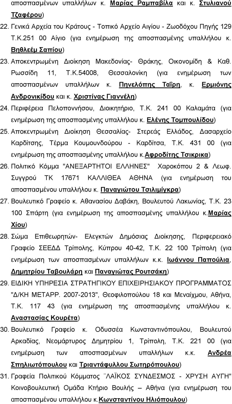 Ερμιόνης Ανδρονικίδου και κ. Χριστίνας Γιαννέλη) 24. Περιφέρεια Πελοποννήσου, Διοικητήριο, Τ.Κ. 241 00 Καλαμάτα (για ενημέρωση της αποσπασμένης υπαλλήλου κ. Ελένης Τομπουλίδου) 25.